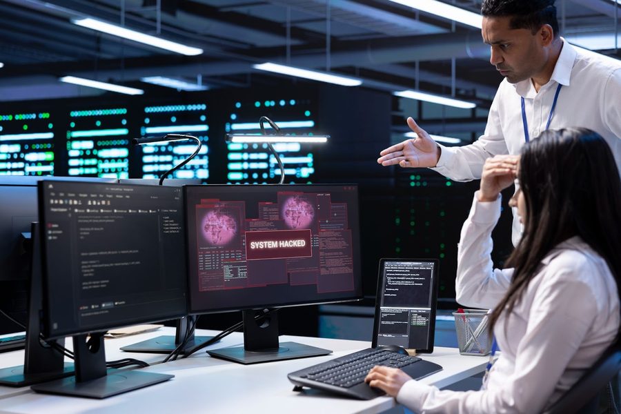 Two computer scientists in a server hub need help from a cybersecurity attack.