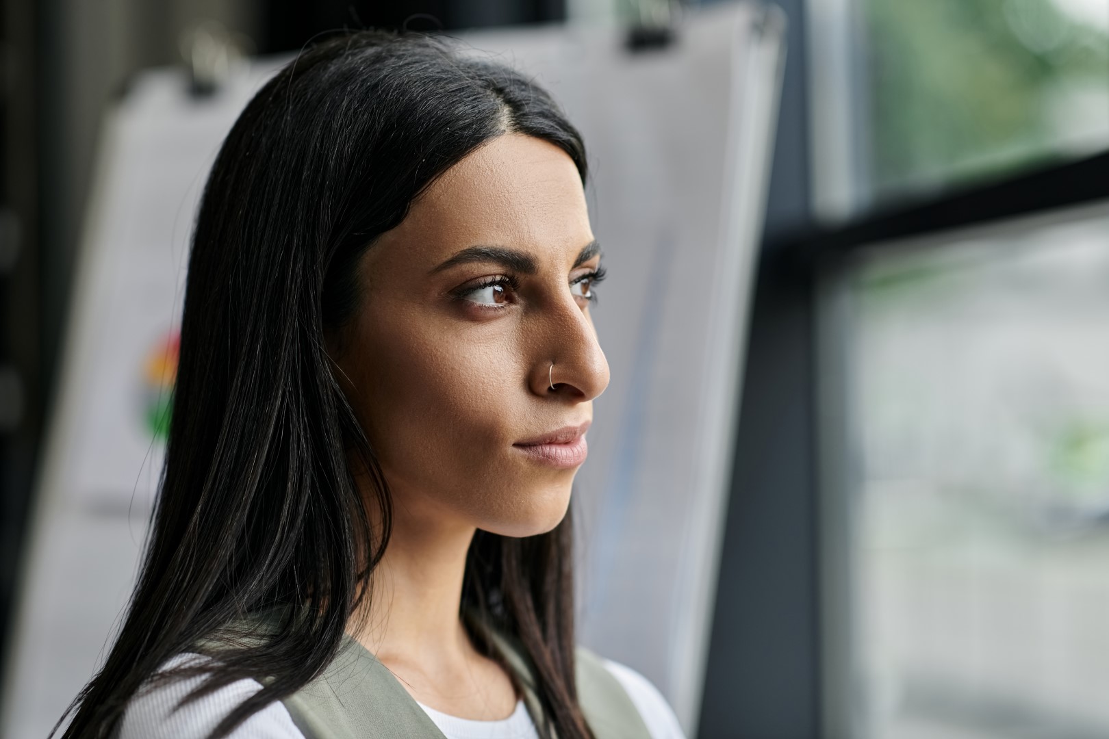 A young woman with long dark hair looks out a window.