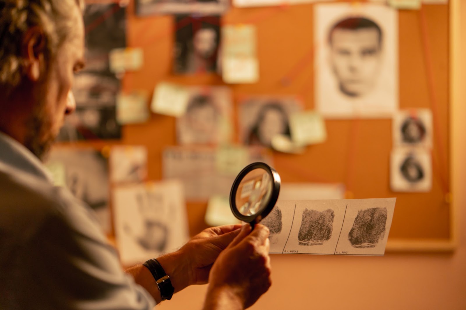 A detective examines a photograph with a magnifying glass.