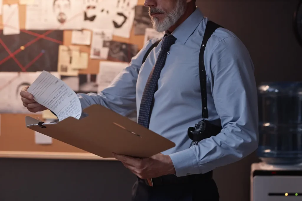 An investigator is looking at a file.