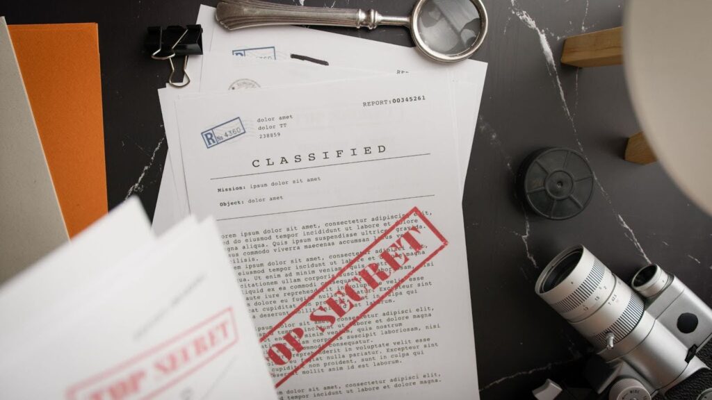 An overview of top-secret documents laid out on a table with investigation equipment surrounding it.