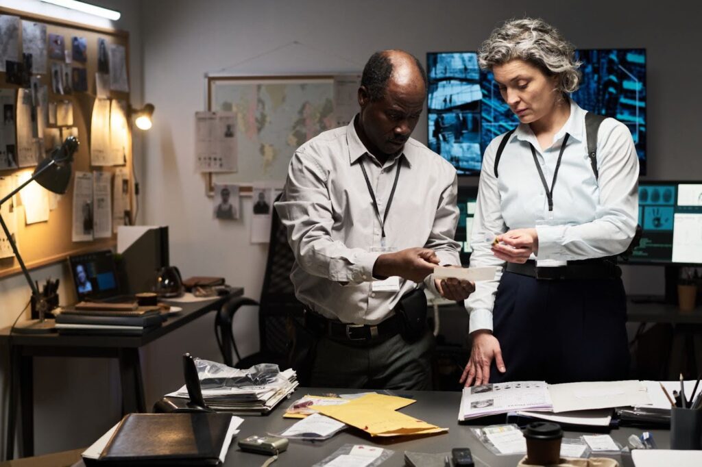 A man and a woman stand in an investigation office, reviewing paperwork.