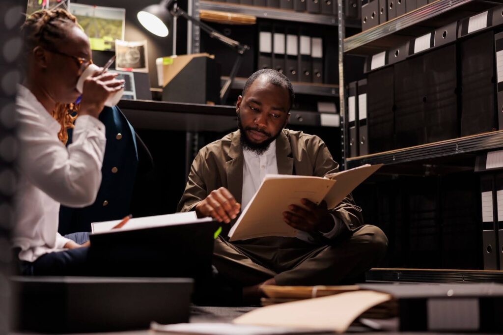 Two investigators sit on the floor and review files related to their client.