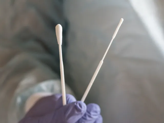 A DNA professional holds up two swabs in a gloved hand.