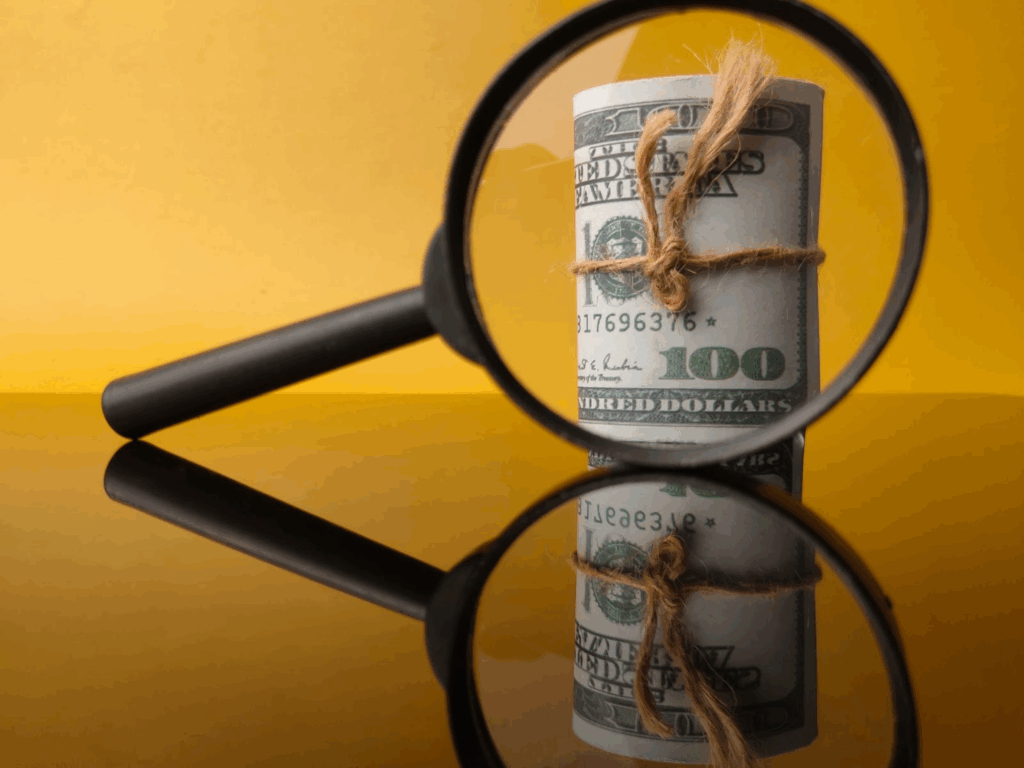 Magnifying glass highlighting banknotes, illustrating financial asset recovery.